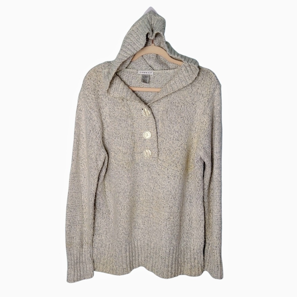 Hannah Henley Hoodie Women Large Beige‎ Marled Knit Button Hooded Sweater